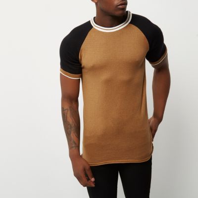 Camel brown slim fit raglan T-shirt